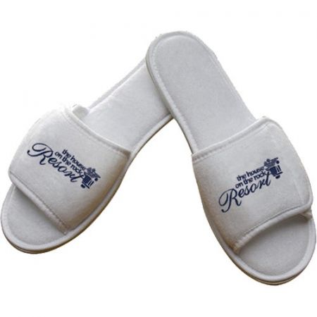 Imprinted Open Toe Terry Slippers with Hook and Loop Closure