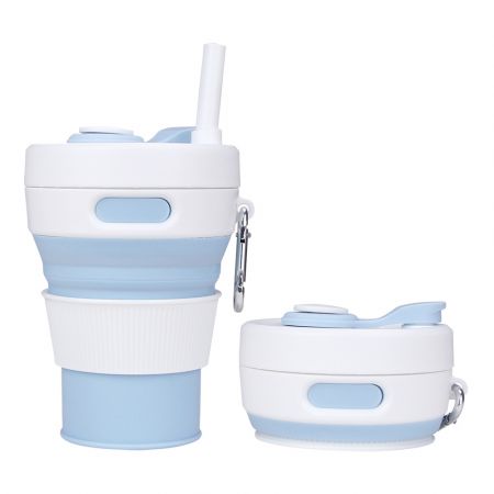 Collapsible Custom Silicone Straw Travel Cup with Carabiner - 15 oz.