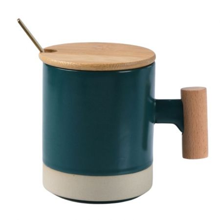 12 oz. Wood Handle Two-Tone Coffee Mug with Bamboo Lid