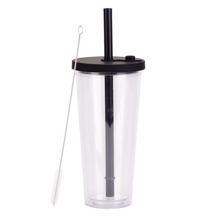 Double-Layer Custom Plastic Straw Cup with Brush - 24 oz.