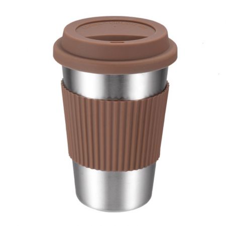 Stainless Steel Logo Coffee Mugs with Silicone Lids and Sleeve - 10 oz.
