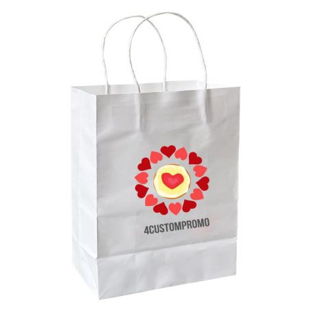 Custom Full Color Promotional White Kraft Imprinted Twisted Handle Shopping Bags - 8.5"w x 10.5"h x 4.5"d